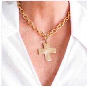 New! Anthropologie Hammered Gold Cross Necklace NWOT